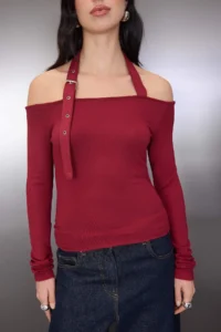 TRENDYOLMİLLA Burgundy Neckline Accessory Belt Detailed Fitted Knitting Blouse - Image 3