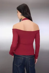 TRENDYOLMİLLA Burgundy Neckline Accessory Belt Detailed Fitted Knitting Blouse - Image 4