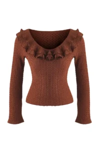 TRENDYOLMİLLA Brown textured Fitted Ruffle Detailed Flexible Knitting Blouse - Image 5