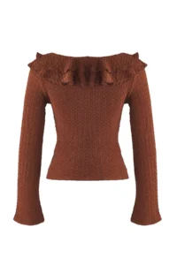 TRENDYOLMİLLA Brown textured Fitted Ruffle Detailed Flexible Knitting Blouse - Image 6