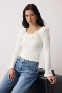 TRENDYOLMİLLA Ecru textured Fitted Flexible Knitting Blouse with Ruffle Detail - Image 2