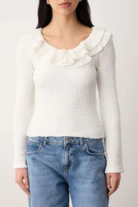 TRENDYOLMİLLA Ecru textured Fitted Flexible Knitting Blouse with Ruffle Detail - Image 3