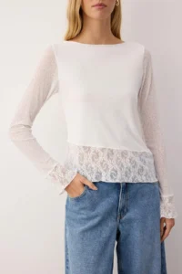 TRENDYOLMİLLA Ecru Foam Lace Detailed Boat Neck Flexible Knitting Blouse - Image 3
