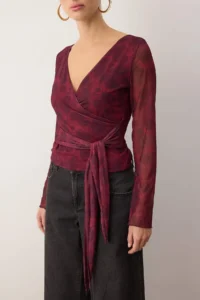 TRENDYOLMİLLA Burgundy Abstract wrap Fitted Tulle Knitting Blouse - Image 3