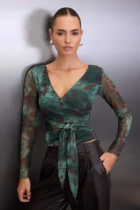 TRENDYOLMİLLA Khaki Abstract Floral wrap Fitted Tulle Knitting Blouse