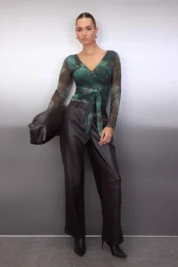 TRENDYOLMİLLA Khaki Abstract Floral wrap Fitted Tulle Knitting Blouse - Image 2