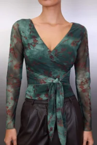 TRENDYOLMİLLA Khaki Abstract Floral wrap Fitted Tulle Knitting Blouse - Image 3