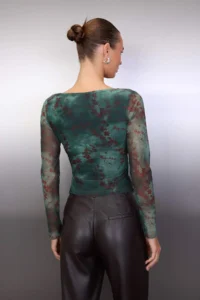 TRENDYOLMİLLA Khaki Abstract Floral wrap Fitted Tulle Knitting Blouse - Image 4