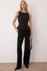 TRENDYOLMİLLA Black peplum/Waisted Boat Neck Flexible Knitting Blouse - Image 2
