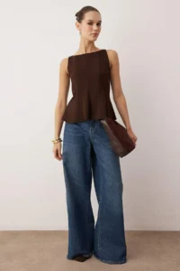 TRENDYOLMİLLA Brown peplum/Waisted Boat Neck Flexible Knitting Blouse - Image 2