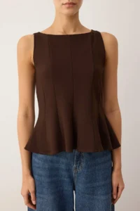 TRENDYOLMİLLA Brown peplum/Waisted Boat Neck Flexible Knitting Blouse - Image 3