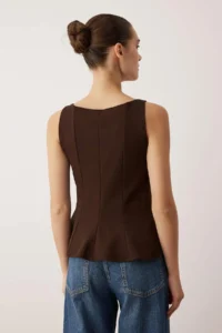 TRENDYOLMİLLA Brown peplum/Waisted Boat Neck Flexible Knitting Blouse - Image 4