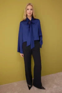 TRENDYOLMİLLA Navy Blue Satin Scarf Detailed Weaving Blouse - Image 2