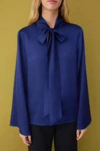 TRENDYOLMİLLA Navy Blue Satin Scarf Detailed Weaving Blouse - Image 3