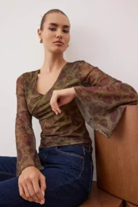 TRENDYOLMİLLA Brown Boho/Boho Chic Printed V-neck Spanish Arm Tulle Flexible Knitting Blouse - Image 2