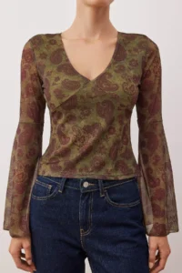 TRENDYOLMİLLA Brown Boho/Boho Chic Printed V-neck Spanish Arm Tulle Flexible Knitting Blouse - Image 3