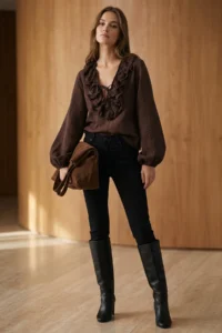 TRENDYOLMİLLA Brown Frilly V-neck Weaving Blouse