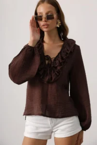 TRENDYOLMİLLA Brown Frilly V-neck Weaving Blouse - Image 2