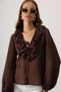 TRENDYOLMİLLA Brown Frilly V-neck Weaving Blouse - Image 4
