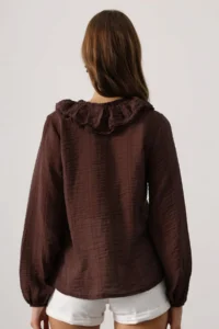 TRENDYOLMİLLA Brown Frilly V-neck Weaving Blouse - Image 5