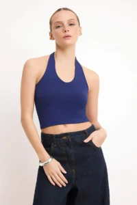 TRENDYOLMİLLA Navy Blue-Gray Melange Fitted Crop Flexible Knitting Blouse - Image 2