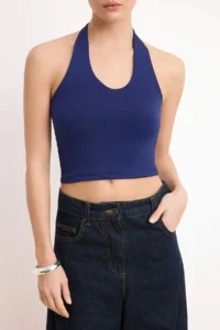 TRENDYOLMİLLA Navy Blue-Gray Melange Fitted Crop Flexible Knitting Blouse - Image 3