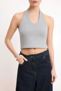 TRENDYOLMİLLA Navy Blue-Gray Melange Fitted Crop Flexible Knitting Blouse - Image 6