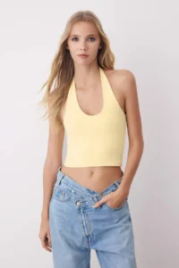 TRENDYOLMİLLA Yellow-Brown Fitted Crop Flexible Knitting Blouse - Image 2