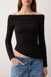 TRENDYOLMİLLA Black Carmen Collar Asymmetric Fitted Knitting Blouse - Image 3