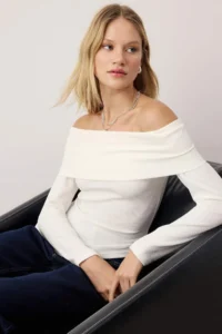 TRENDYOLMİLLA Ecru Carmen Collar Asymmetric Fitted Knitting Blouse - Image 2