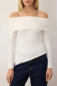 TRENDYOLMİLLA Ecru Carmen Collar Asymmetric Fitted Knitting Blouse - Image 3