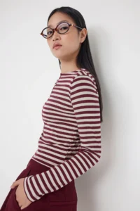 TRENDYOLMİLLA Teen Fitted Striped Burgundy Knitting Blouse