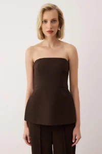 TRENDYOLMİLLA  Special Collection Brown Strapless Lined tied up Draped Weaving Blouse - Image 2