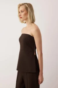 TRENDYOLMİLLA  Special Collection Brown Strapless Lined tied up Draped Weaving Blouse - Image 3