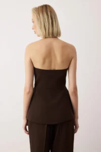 TRENDYOLMİLLA  Special Collection Brown Strapless Lined tied up Draped Weaving Blouse - Image 5