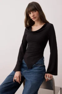 TRENDYOLMİLLA Black Off-Shoulder Neck Asymmetric Fitted/Body-Sitting Knitting Blouse - Image 2