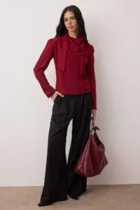 TRENDYOLMİLLA Burgundy Shawl Detailed Off-Shoulder Neck Weaving Blouse - Image 2