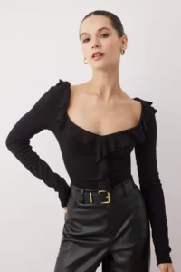TRENDYOLMİLLA Black Frilly Fitted Knitting Blouse - Image 2