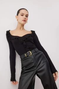 TRENDYOLMİLLA Black Frilly Fitted Knitting Blouse - Image 3