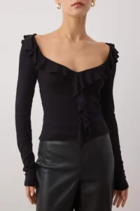 TRENDYOLMİLLA Black Frilly Fitted Knitting Blouse - Image 4