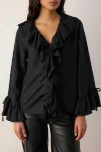 TRENDYOLMİLLA Black Ruffle Detailed Weaving Blouse - Image 3
