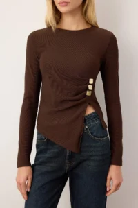 TRENDYOLMİLLA Brown Accessory Detailed Flexible Knitting Blouse - Image 3