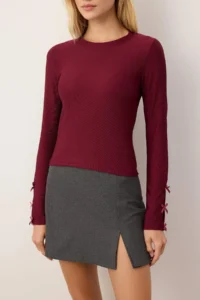 TRENDYOLMİLLA Burgundy Flexible Fitted Sleeves with Bow Detail Flexible Knitting Blouse - Image 3