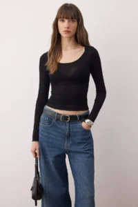 TRENDYOLMİLLA Black Transparent Flexible Body-fitting Knitting Blouse