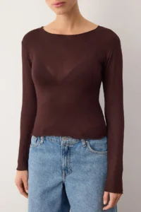 TRENDYOLMİLLA Brown Transparent Flexible Body-fitting Knitting Blouse - Image 3