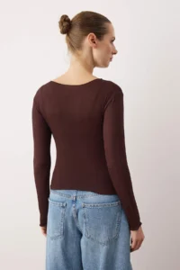 TRENDYOLMİLLA Brown Transparent Flexible Body-fitting Knitting Blouse - Image 4