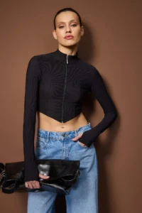 TRENDYOLMİLLA Black ottoman Zippered Dog collar Flexible Fitted Knitting Blouse