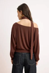 TRENDYOLMİLLA Brown Plain Open Omuzlu Shawl Accessory Detailed Regular/Normal Pattern Knitting Blouse - Image 4