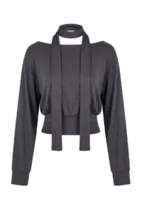 TRENDYOLMİLLA Anthracite Plain Open Omuzlu Shawl Accessory Detailed Regular/Normal Pattern Knitting Blouse - Image 5