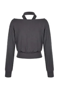 TRENDYOLMİLLA Anthracite Plain Open Omuzlu Shawl Accessory Detailed Regular/Normal Pattern Knitting Blouse - Image 6